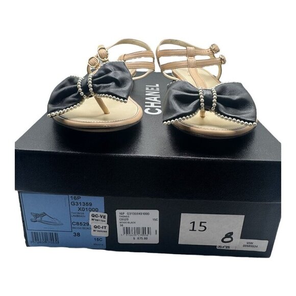 Chanel CC Logo Bow Pearl Leather Sandals Wide Fit - Picture 9 of 9